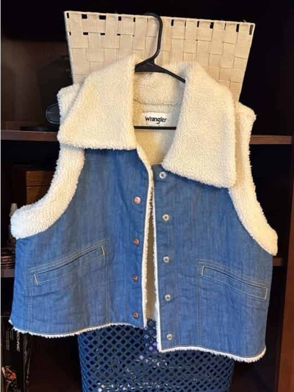 Wrangler Blue Denim Vest with Cream Sherpa Collar